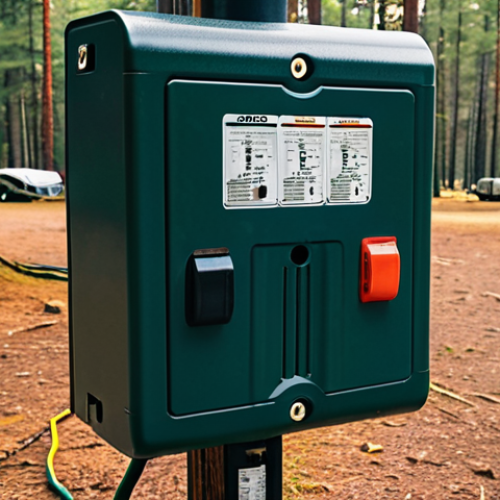 Home 14 Campground Electrical Hookup**
A close-up shot of a campground electrical box, showcasing a variety of outlet types (15-amp, 30-amp, 50-amp). An RV power cord is plugged into one of the outlets via an adapter. Add a surge protector in line. Focus on the details of the connections, emphasizing safety and weather protection. The scene is set in a slightly damp campground environment with scattered pine needles. Golden hour lighting.
*Prompt Modifiers: realistic, high detail, outdoor scene, campground, electrical safety, RV equipment, adapter, surge protector.*
**
