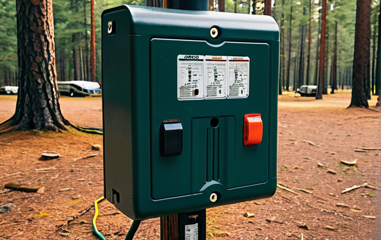 Campground Electrical Hookup**
A close-up shot of a campground electrical box, showcasing a variety of outlet types (15-amp, 30-amp, 50-amp). An RV power cord is plugged into one of the outlets via an adapter. Add a surge protector in line. Focus on the details of the connections, emphasizing safety and weather protection. The scene is set in a slightly damp campground environment with scattered pine needles. Golden hour lighting.
*Prompt Modifiers: realistic, high detail, outdoor scene, campground, electrical safety, RV equipment, adapter, surge protector.*
**