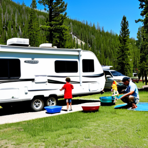 Home 9 Campsite Setup**
"A family setting up their travel trailer at a scenic campsite in Yellowstone National Park. The trailer is level with wheel chocks in place. Dad is connecting the water hose, Mom is organizing outdoor chairs, and the kids are playing with a frisbee nearby. Fully clothed, appropriate attire, safe for work, professional camping scene, perfect anatomy, natural proportions, family-friendly, daytime, sunny."
**