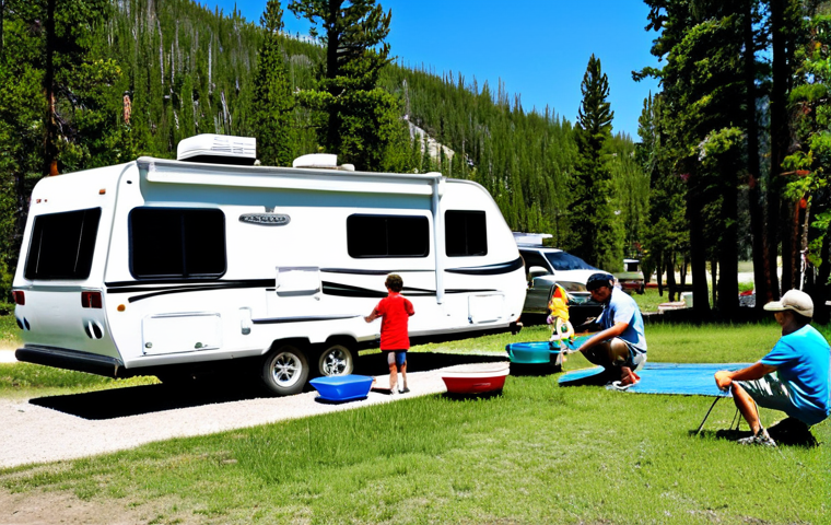 Campsite Setup**
"A family setting up their travel trailer at a scenic campsite in Yellowstone National Park. The trailer is level with wheel chocks in place. Dad is connecting the water hose, Mom is organizing outdoor chairs, and the kids are playing with a frisbee nearby. Fully clothed, appropriate attire, safe for work, professional camping scene, perfect anatomy, natural proportions, family-friendly, daytime, sunny."
**