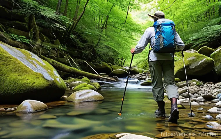 등산 스틱 사용법 - **Prompt: Ascending a Steep Trail with Power**
    "A female hiker, late 30s, with long dark hair ti...