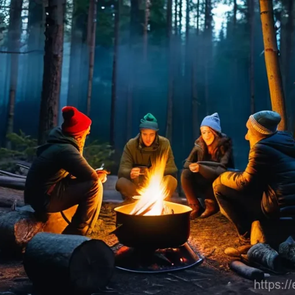캠핑과 글램핑 차이 - **Prompt:** A diverse group of friends, late 20s to early 30s, wearing warm, practical outdoor cloth...
