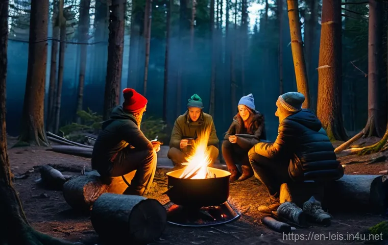 캠핑과 글램핑 차이 - **Prompt:** A diverse group of friends, late 20s to early 30s, wearing warm, practical outdoor cloth...
