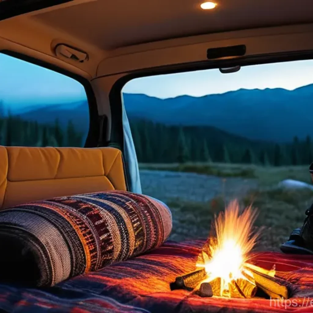차박 캠핑 필수 아이템 - **Prompt:** A cozy and inviting car camping scene at dusk. Inside the back of a modern SUV, a comfor...