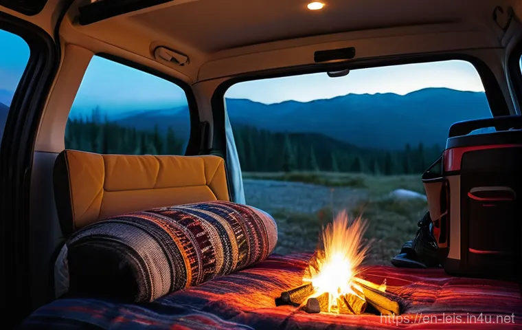 차박 캠핑 필수 아이템 - **Prompt:** A cozy and inviting car camping scene at dusk. Inside the back of a modern SUV, a comfor...