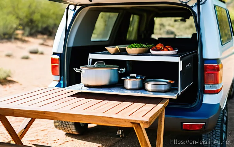 차박 캠핑 필수 아이템 - **Prompt:** A cozy and inviting car camping scene at dusk. Inside the back of a modern SUV, a comfor...