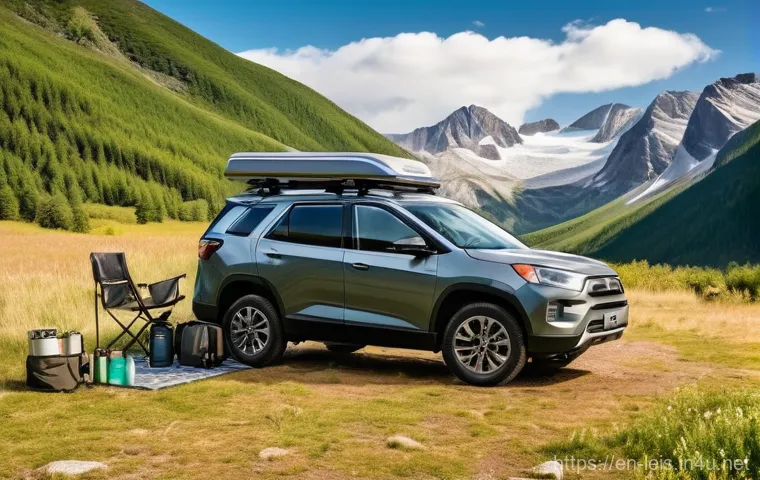 차박 캠핑 필수 아이템 - **Prompt:** A vibrant outdoor kitchen setup for car camping during the day. A sturdy two-burner camp...
