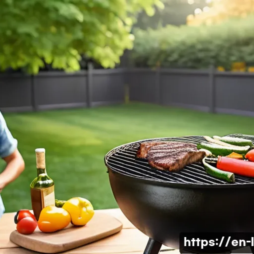 바베큐 그릴 선택 팁 - A cozy backyard scene featuring a classic charcoal grill with glowing coals and gentle smoke rising,...