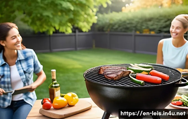 바베큐 그릴 선택 팁 - A cozy backyard scene featuring a classic charcoal grill with glowing coals and gentle smoke rising,...