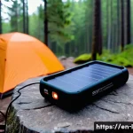 Home 22 캠핑용 배터리 팩 추천 - A rugged camping scene featuring a mid-sized portable battery pack with multiple output ports, place...