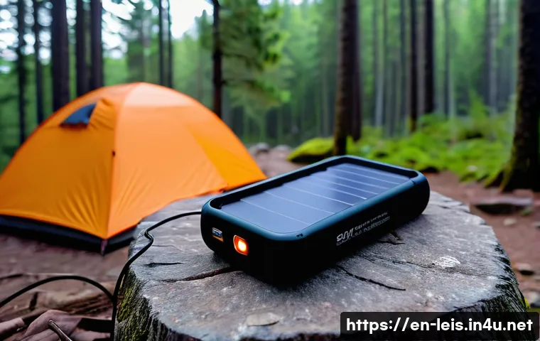 캠핑용 배터리 팩 추천 - A rugged camping scene featuring a mid-sized portable battery pack with multiple output ports, place...