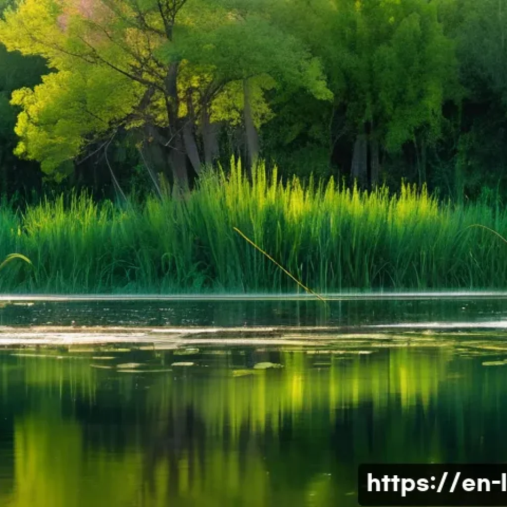 낚시 시즌별 어종 정보 - A vibrant spring fishing scene at a shallow lake bank during early morning light, featuring a male a...