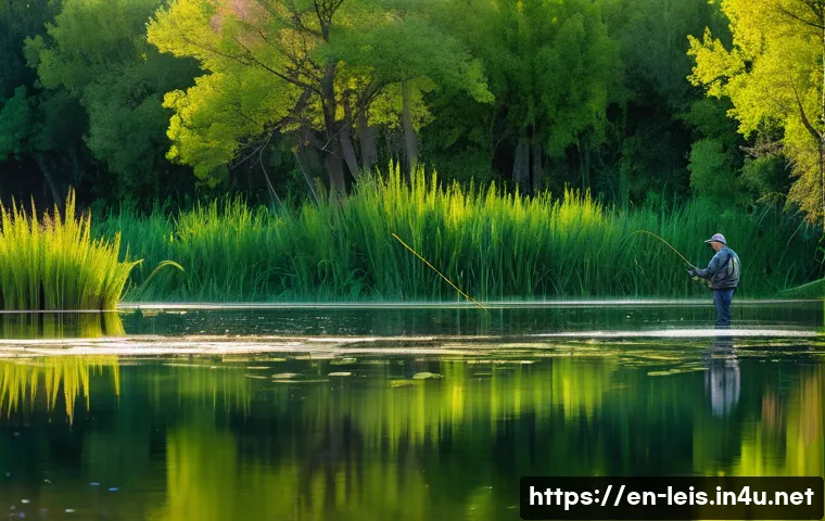 낚시 시즌별 어종 정보 - A vibrant spring fishing scene at a shallow lake bank during early morning light, featuring a male a...