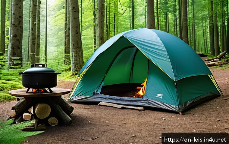 초보 캠핑의 실수와 해결법 - A peaceful campsite set on flat, firm ground within a dense forest clearing, featuring a sturdy dome...