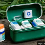 Home 19 하이킹 필수 의약품 - A detailed, realistic hiking first aid kit layout on a wooden table outdoors, featuring waterproof c...