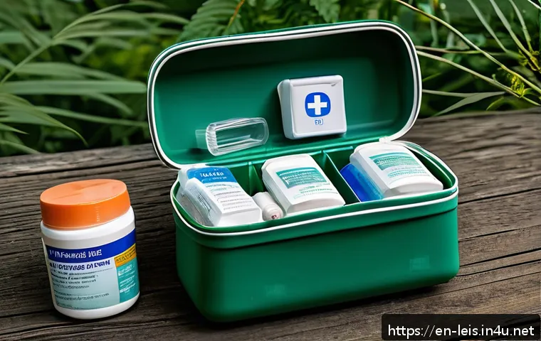 하이킹 필수 의약품 - A detailed, realistic hiking first aid kit layout on a wooden table outdoors, featuring waterproof c...