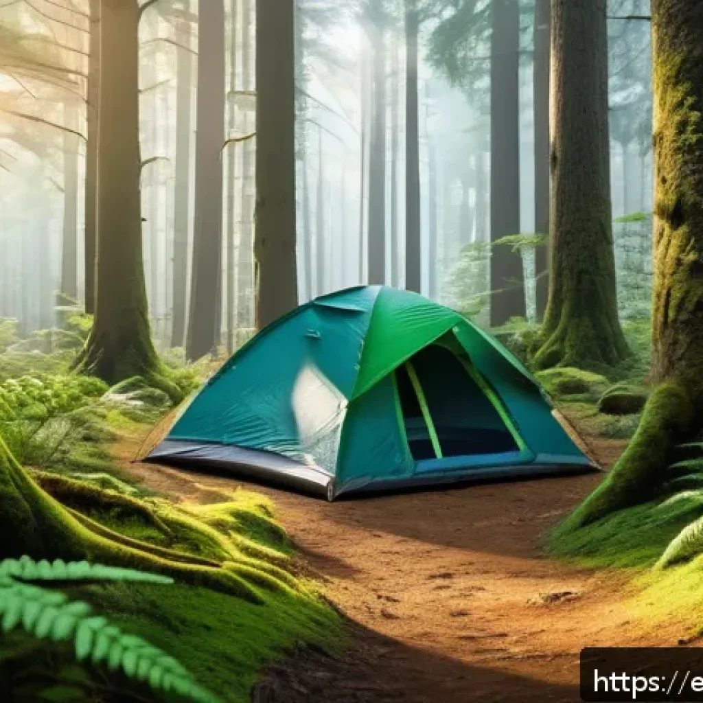 국내 유명 캠핑장 리스트 - A serene forest retreat scene featuring a dense canopy of tall pine and oak trees with filtered sunl...