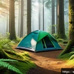 Home 18 국내 유명 캠핑장 리스트 - A serene forest retreat scene featuring a dense canopy of tall pine and oak trees with filtered sunl...