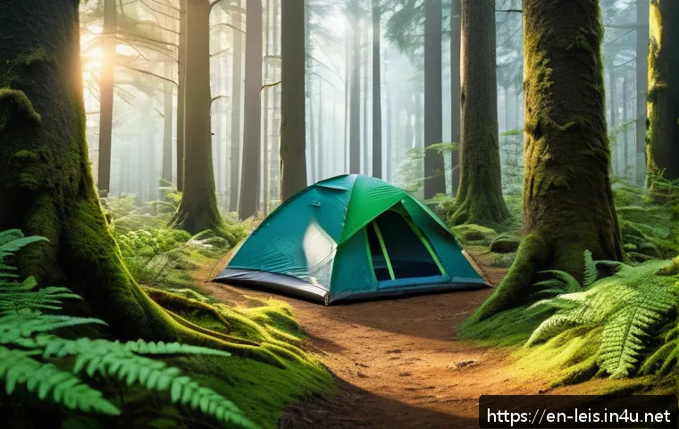 국내 유명 캠핑장 리스트 - A serene forest retreat scene featuring a dense canopy of tall pine and oak trees with filtered sunl...
