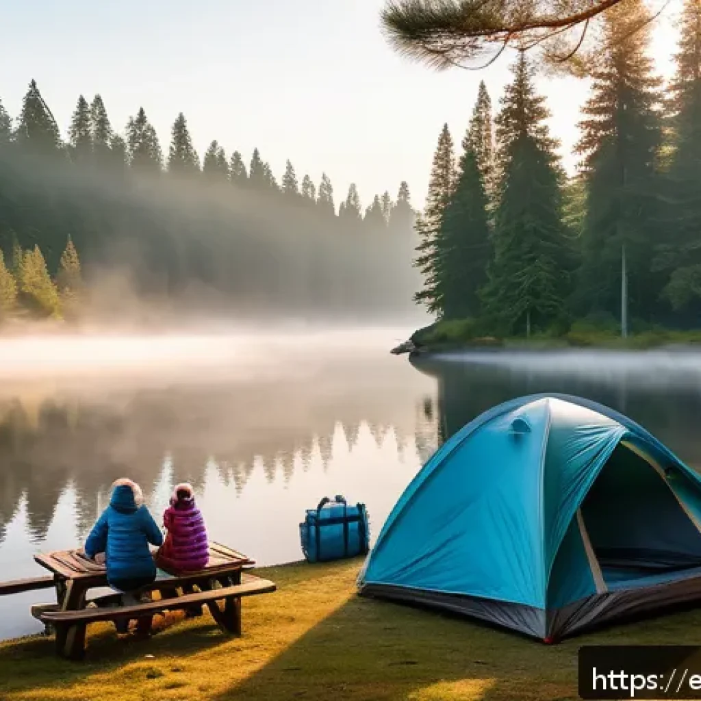 캠핑장 예약 팁 - A serene campsite scene at dawn in a lush national park, featuring a family setting up a spacious te...