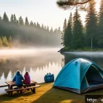 Home 23 캠핑장 예약 팁 - A serene campsite scene at dawn in a lush national park, featuring a family setting up a spacious te...