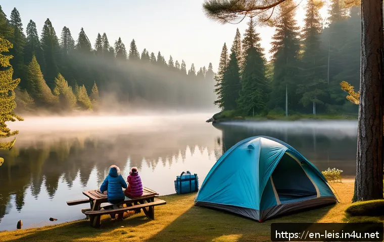 캠핑장 예약 팁 - A serene campsite scene at dawn in a lush national park, featuring a family setting up a spacious te...