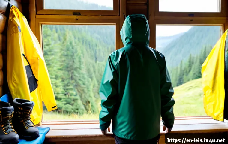 아웃도어 방수복 추천 - Photorealistic outdoor waterproof jacket comparison scene, two unbranded rain jackets in deep forest...