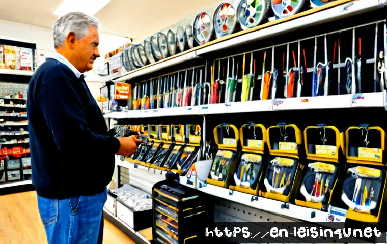 낚시 장비 구매 팁 - Photorealistic fishing tackle shop scene, a middle-aged angler comparing two spinning rods beside an...