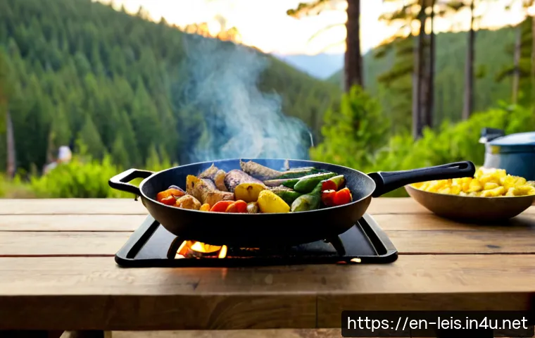 Home 17 아웃도어 요리 레시피 - Photorealistic outdoor camp cooking scene at a peaceful pine forest campsite, cast-iron skillet of c...